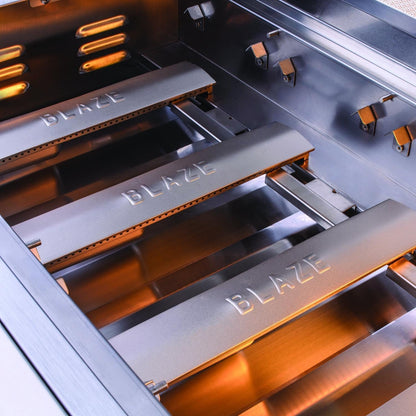 Glowing rear infrared rotisserie burner inside the Blaze LTE+ gas grill