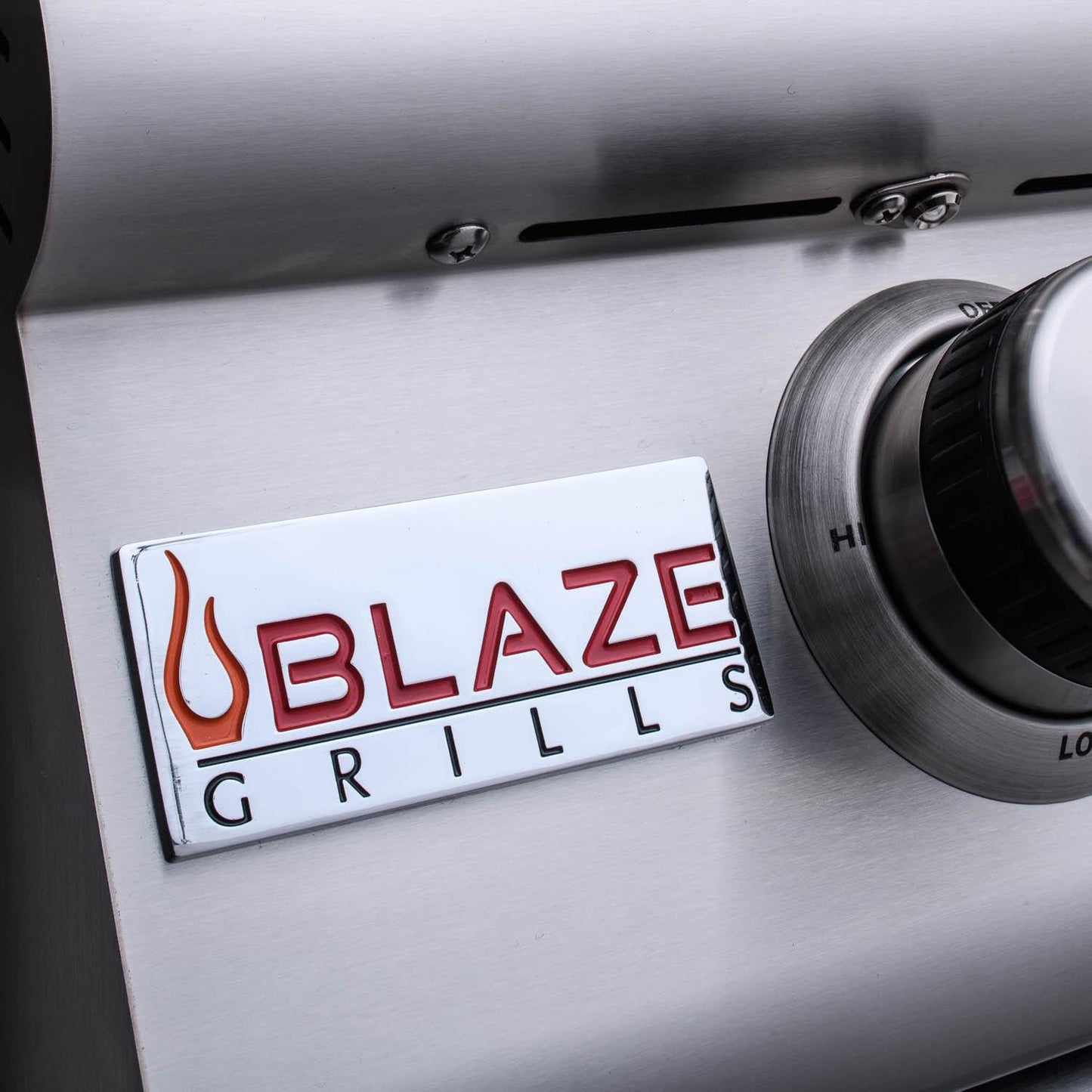 Blaze Marine Grade LTE+ logo and stainless steel hood-handle detail