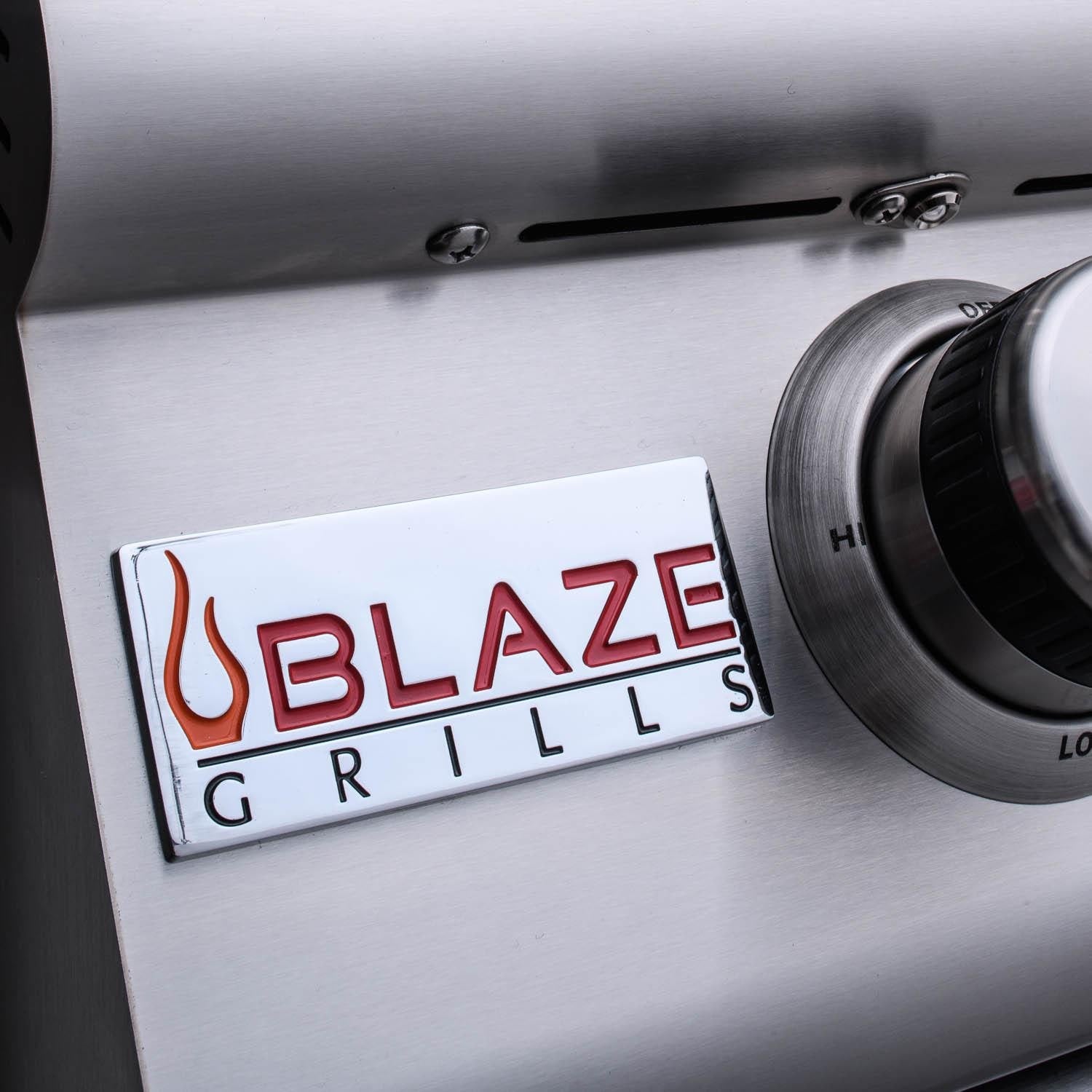 Blaze Marine Grade LTE+ logo and stainless steel hood-handle detail