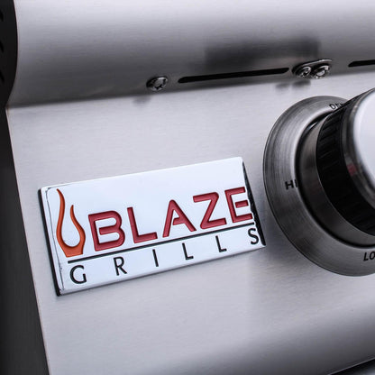 Blaze Marine Grade LTE+ logo and stainless steel hood-handle detail