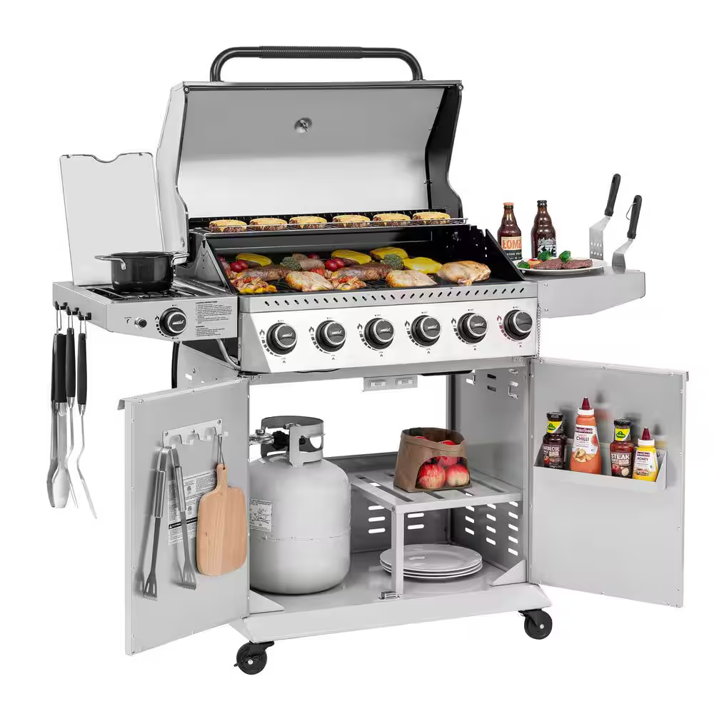 6-Burner BBQ Liquid Propane Gas Grill, with Sear Burner and Side Burner, Stainless Steel and Foldable Side Shelf, White
