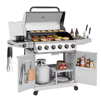 6-Burner BBQ Liquid Propane Gas Grill, with Sear Burner and Side Burner, Stainless Steel and Foldable Side Shelf, White