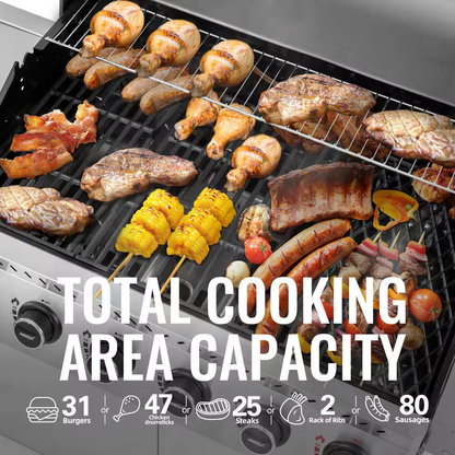6-Burner BBQ Liquid Propane Gas Grill, with Sear Burner and Side Burner, Stainless Steel and Foldable Side Shelf, White