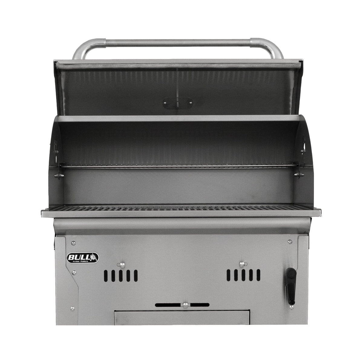 Bull Bison built-in charcoal grill, lid open, front view