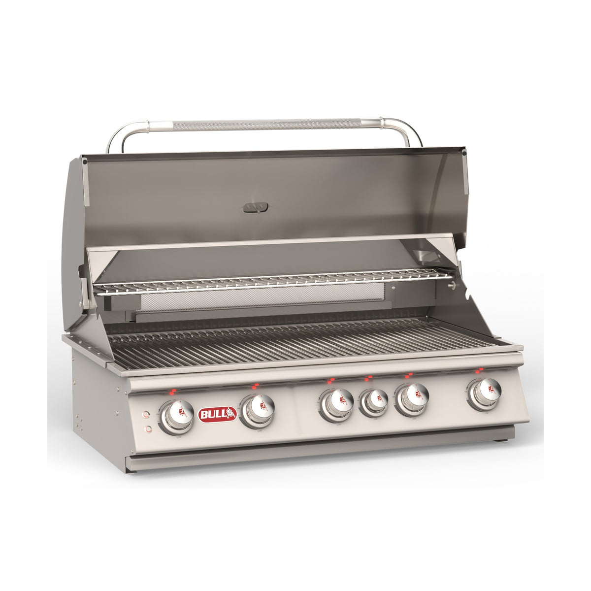 Bull Brahma 38-inch built-in gas grill, lid open, front view