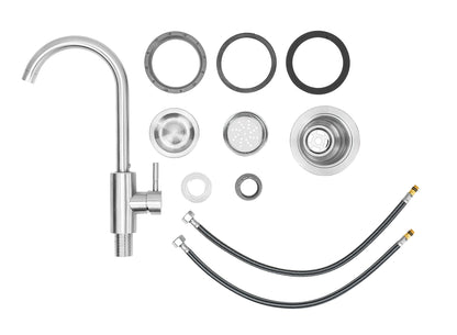 Bull 18-inch premium sink faucet, drain, strainer and supply hoses laid out