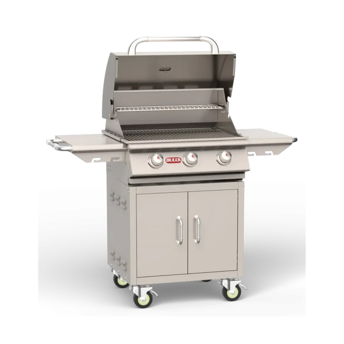 Bull 24-inch pedestal cart bottom with Steer grill, lid open