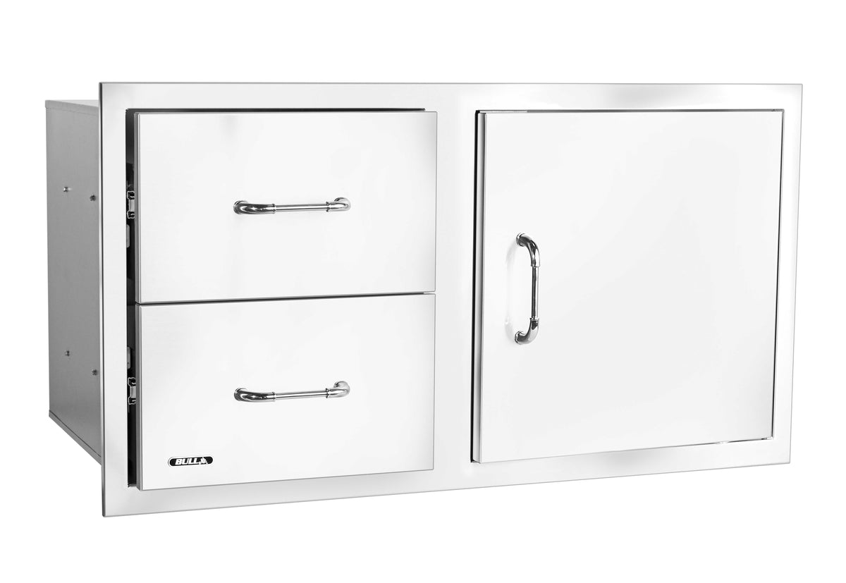 Bull 30-inch door/drawer combo with reveal, drawers partly open, angled view