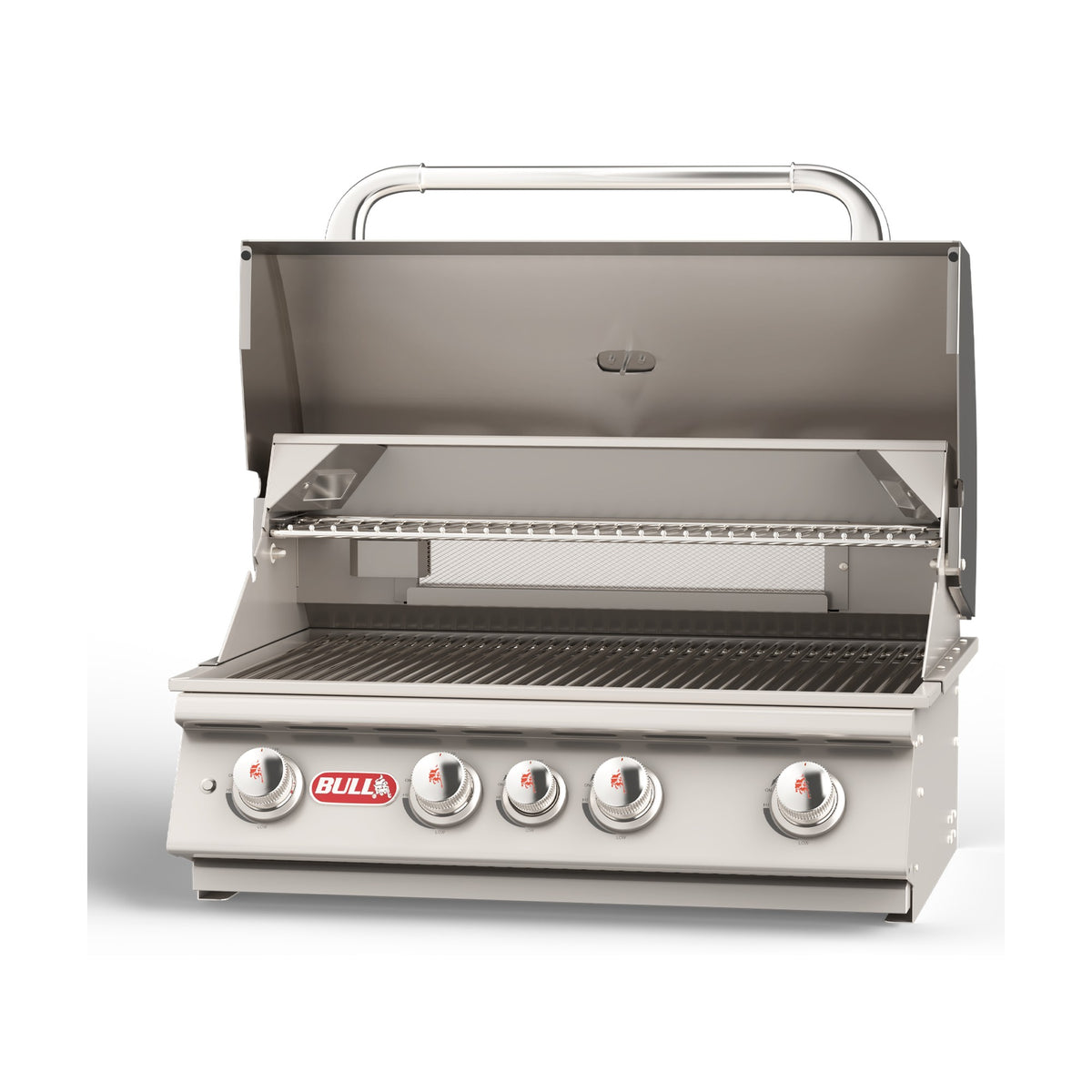 Bull Angus 30-inch built-in gas grill, lid open, left angle