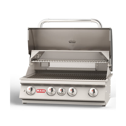 Bull Angus 30-inch built-in gas grill, lid open, left angle