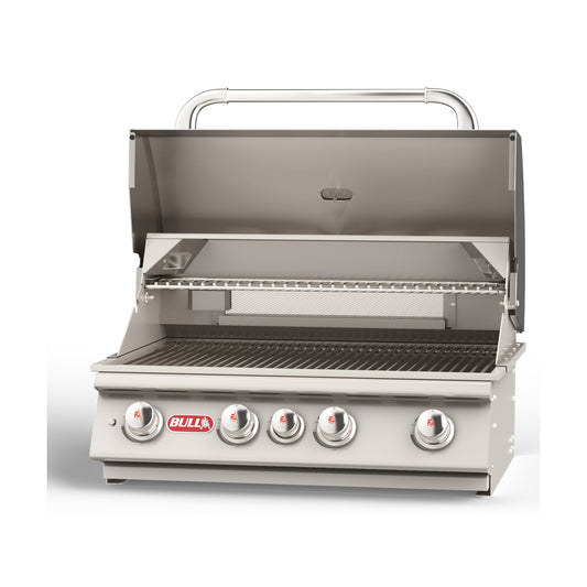 Bull Angus 30-inch built-in gas grill, lid open, left angle