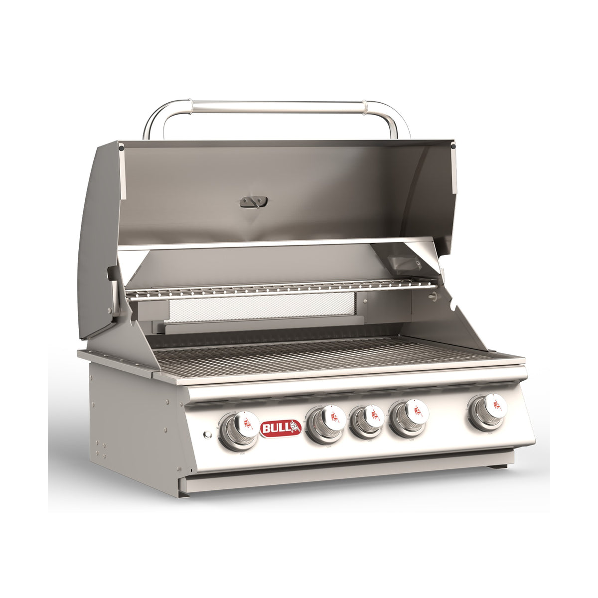 Bull Angus 30-inch built-in gas grill, lid open, right angle