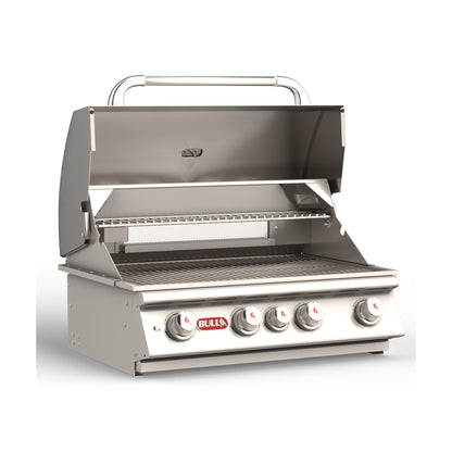 Bull Angus 30-inch built-in gas grill, lid open, right angle