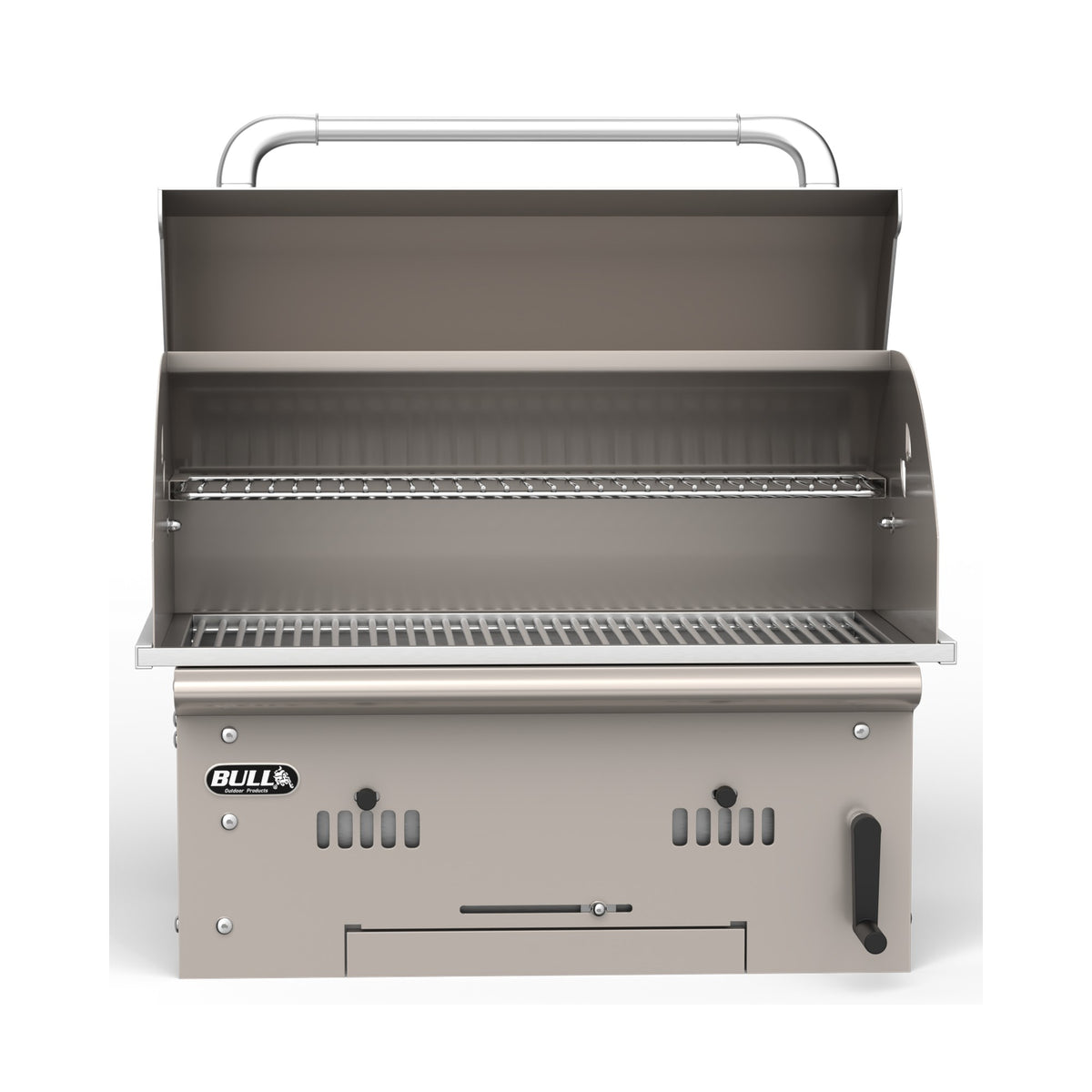 Bull Bison built-in charcoal grill, lid open, front view