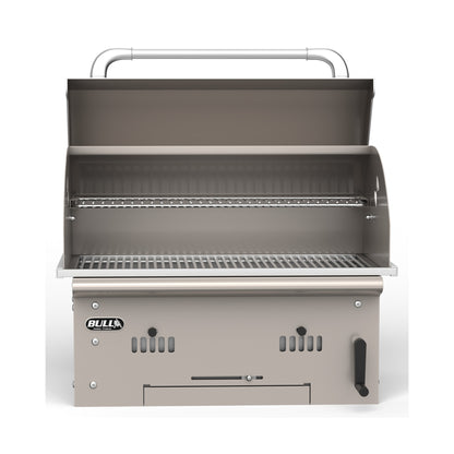 Bull Bison built-in charcoal grill, lid open, front view