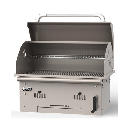 Bull Bison built-in charcoal grill, lid open, left angle