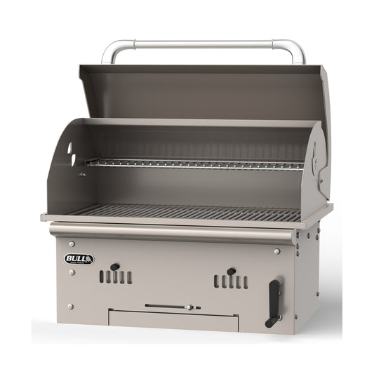 Bull Bison built-in charcoal grill, lid open, left angle