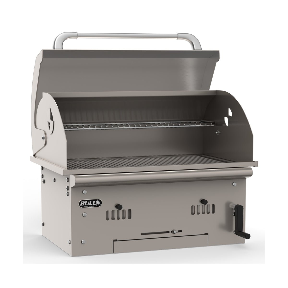 Bull Bison built-in charcoal grill, lid open, right angle