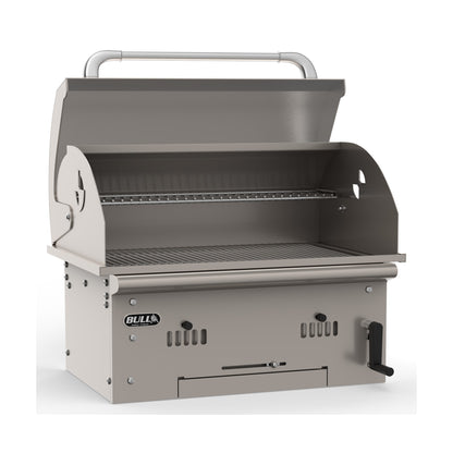 Bull Bison built-in charcoal grill, lid open, right angle