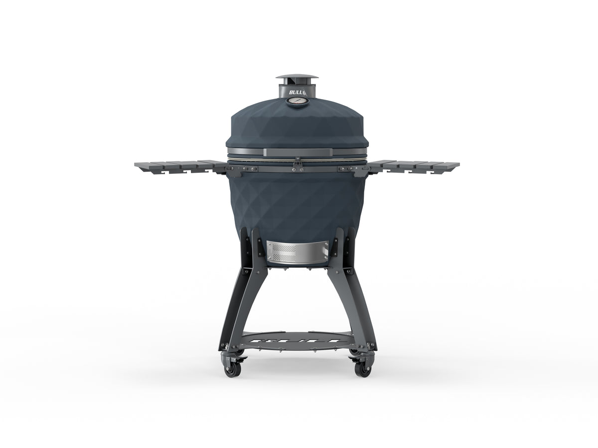 Bull Blackhorn 24-inch ceramic kamado grill on cart, side shelves up, front view