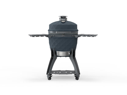 Bull Blackhorn 24-inch ceramic kamado grill on cart, side shelves up, front view
