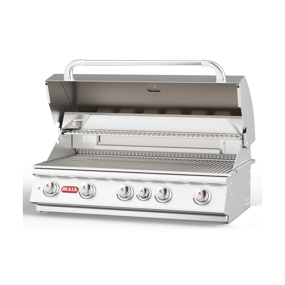 Bull Brahma 38-inch built-in gas grill, lid open, left angle
