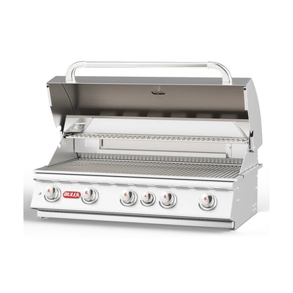 Bull Brahma 38-inch built-in gas grill, lid open, left angle
