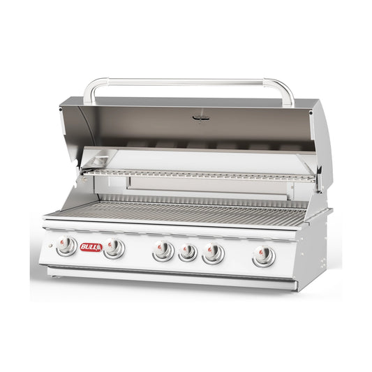 Bull Brahma 38-inch built-in gas grill, lid open, left angle