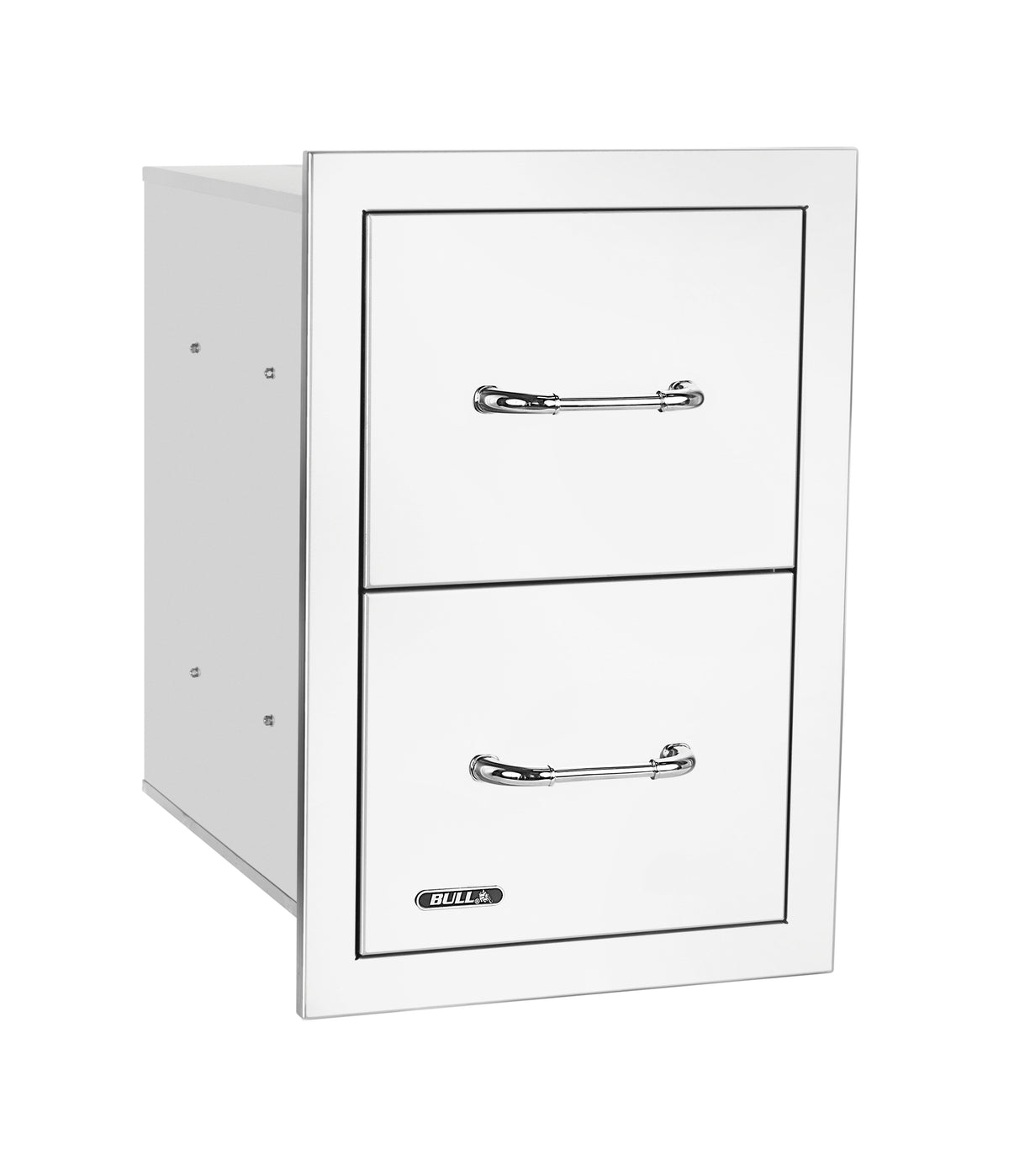 Bull stainless steel double drawer with reveal, angled view