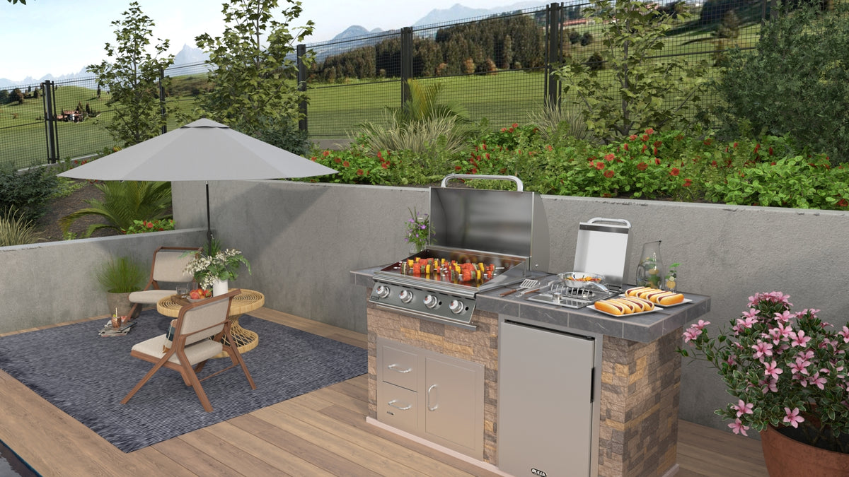 Bull 30-inch gas griddle cooking food in an outdoor kitchen
