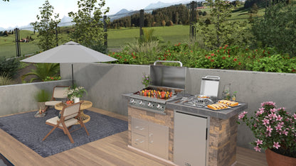 Bull 30-inch gas griddle cooking food in an outdoor kitchen