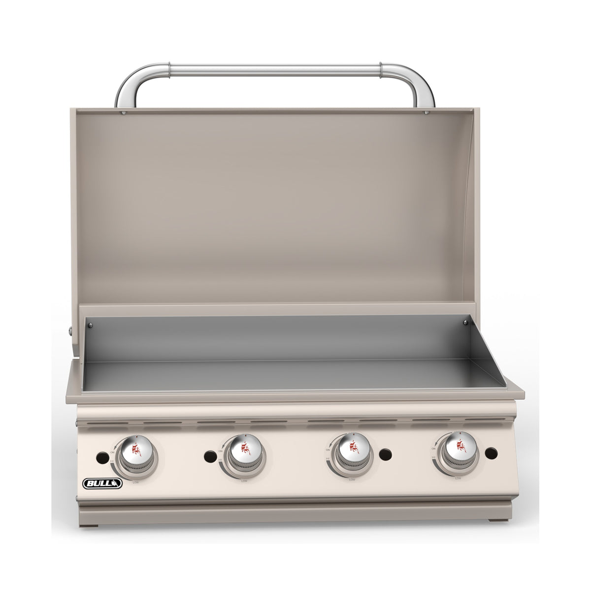 Bull 30-inch built-in gas griddle, lid open, front view