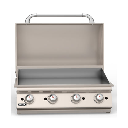 Bull 30-inch built-in gas griddle, lid open, front view