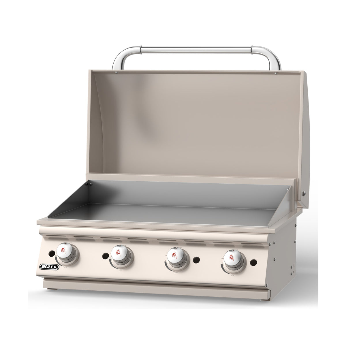 Bull 30-inch built-in gas griddle, lid open, left angle