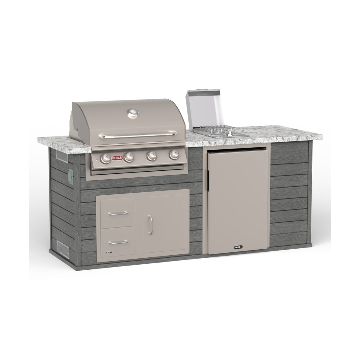 Bull ODK Timber Tough outdoor kitchen island in Charcoal with Colonial White granite