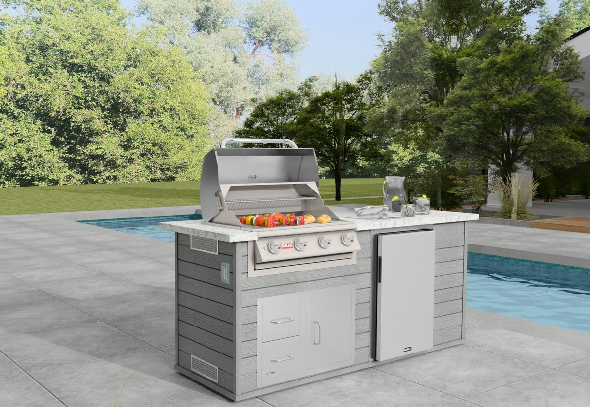 Bull ODK Timber Tough outdoor kitchen island in Charcoal with Colonial White granite, poolside patio setting