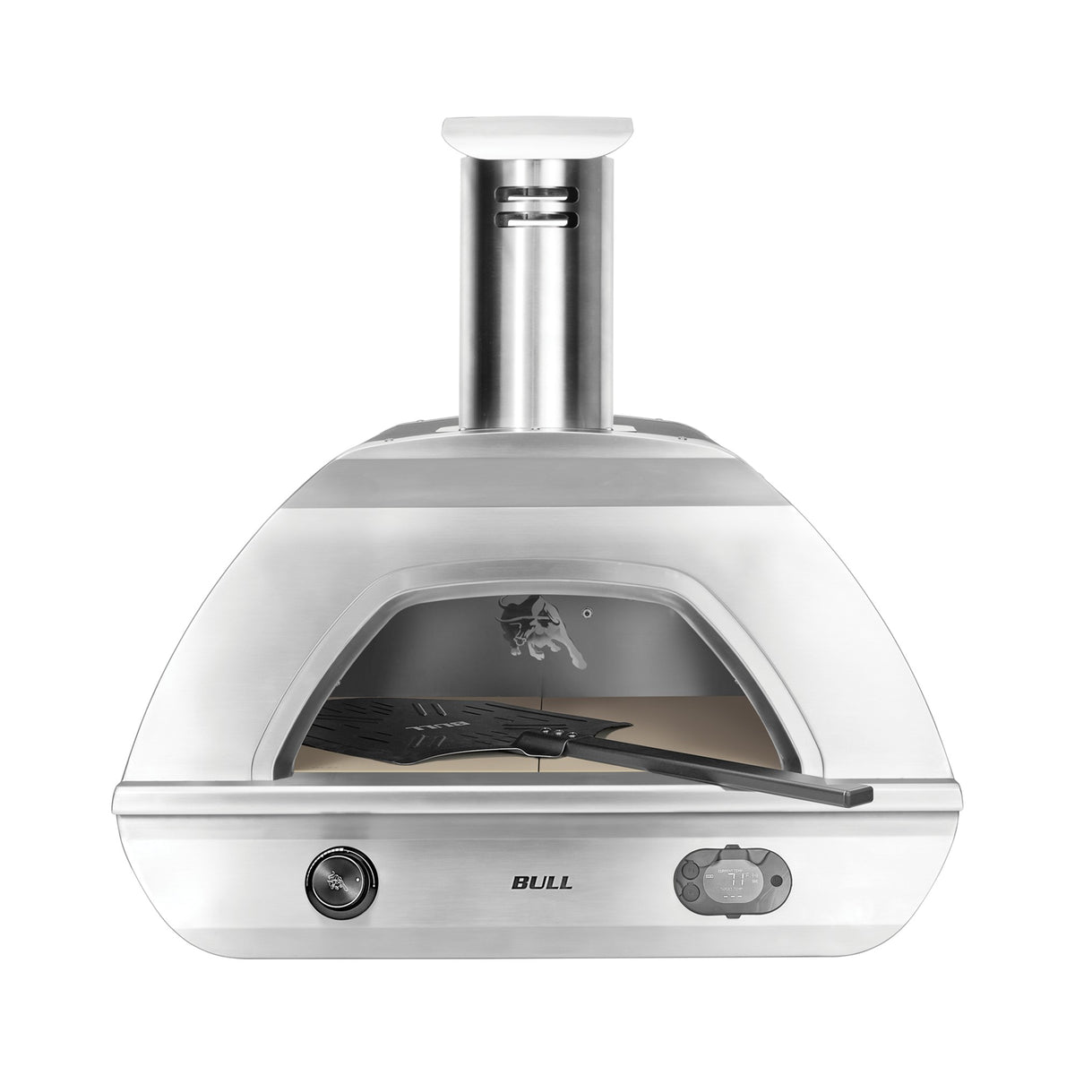 Bull dual fuel countertop pizza oven, front view with pizza peel