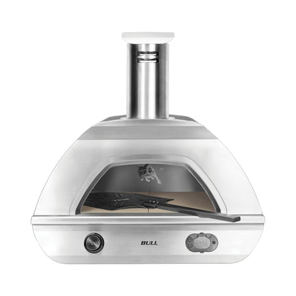 Bull dual fuel countertop pizza oven, front view with pizza peel