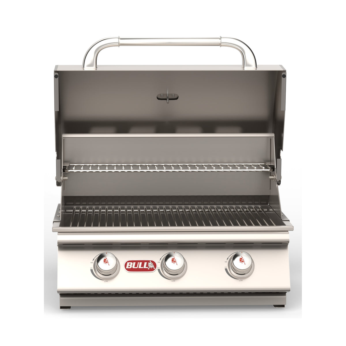 Bull Steer 24-inch built-in gas grill, lid open, front view