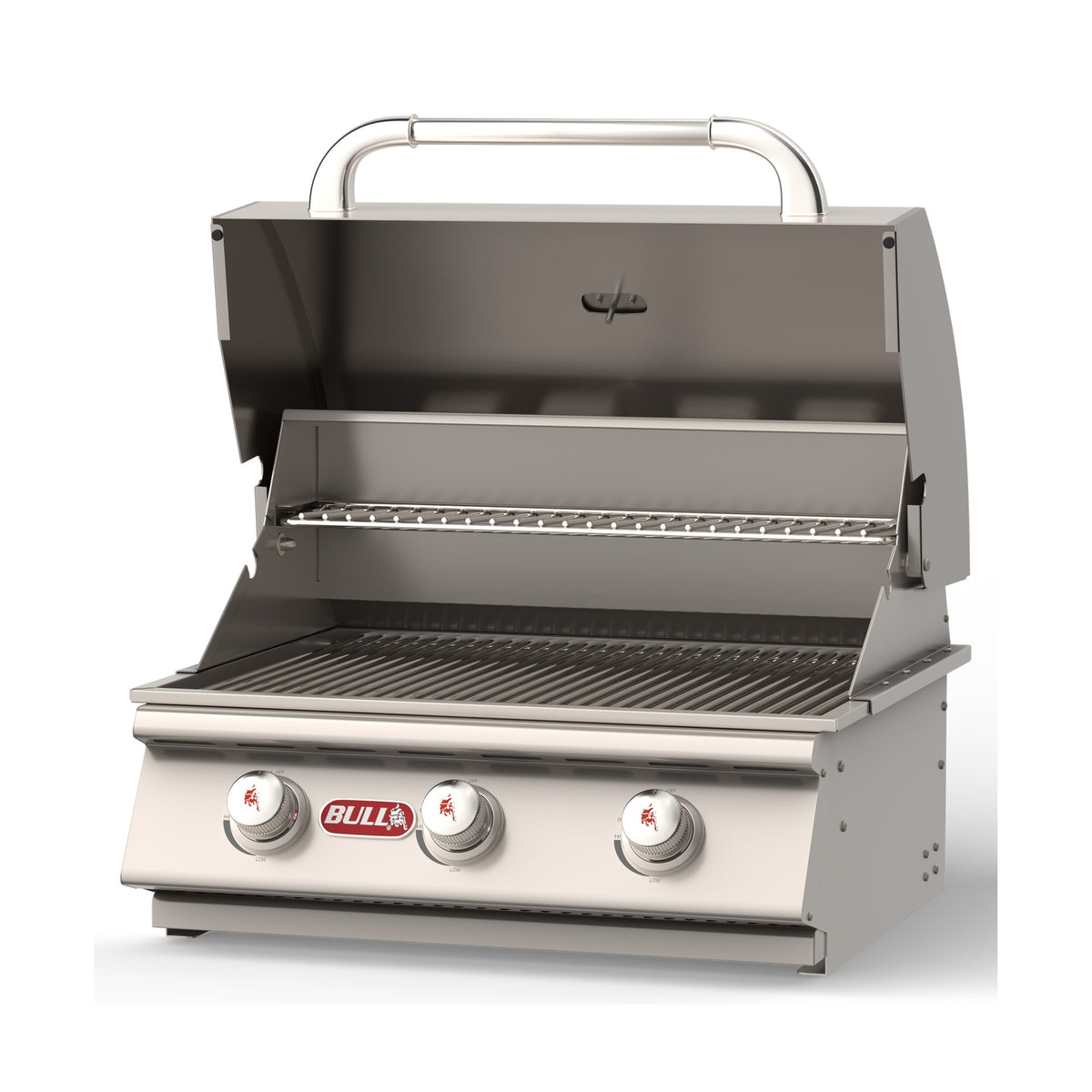 Bull Steer 24-inch built-in gas grill, lid open, left angle