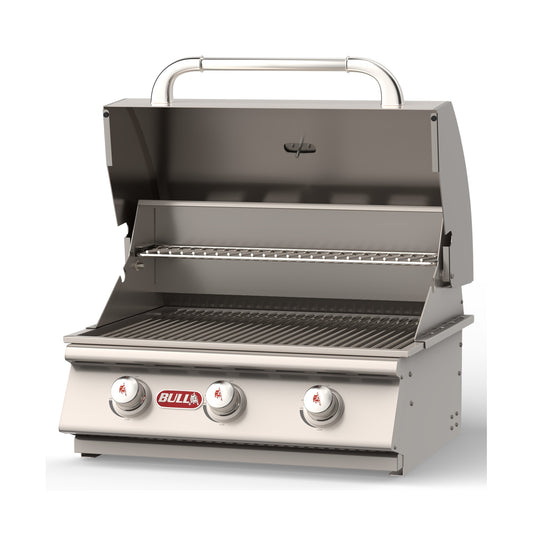 Bull Steer 24-inch built-in gas grill, lid open, left angle