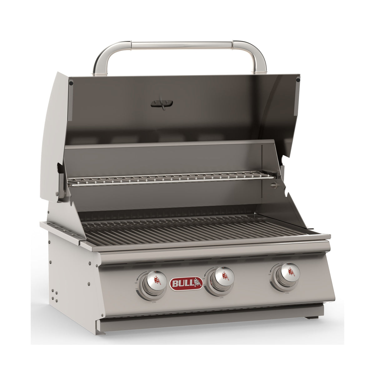 Bull Steer 24-inch built-in gas grill, lid open, right angle