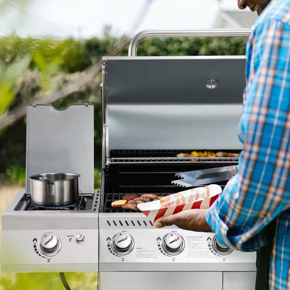 6 Burner Propane Gas Grill with Sear Burner and Side Burner, Cabinet Style, Silver