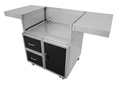 Wildfire griddle cart with black stainless steel doors and drawers, angled view with side shelves up, no griddle head installed