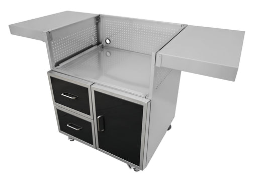 Wildfire griddle cart with black stainless steel doors and drawers, angled view with side shelves up, no griddle head installed