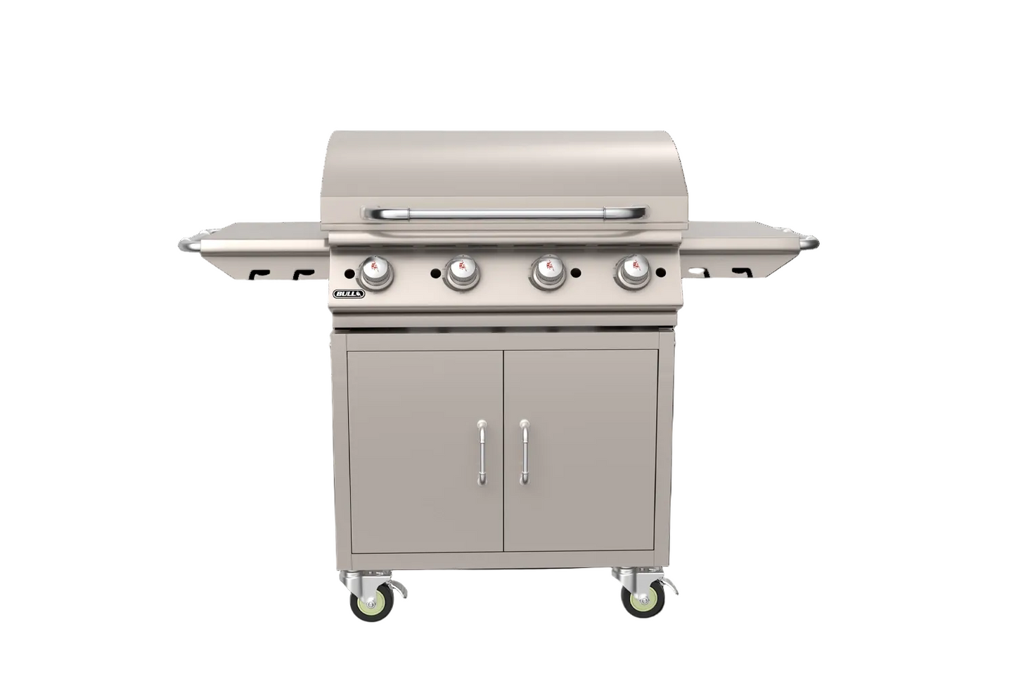 Bull 30-inch 4-burner freestanding propane griddle with stainless steel cart and closed hood