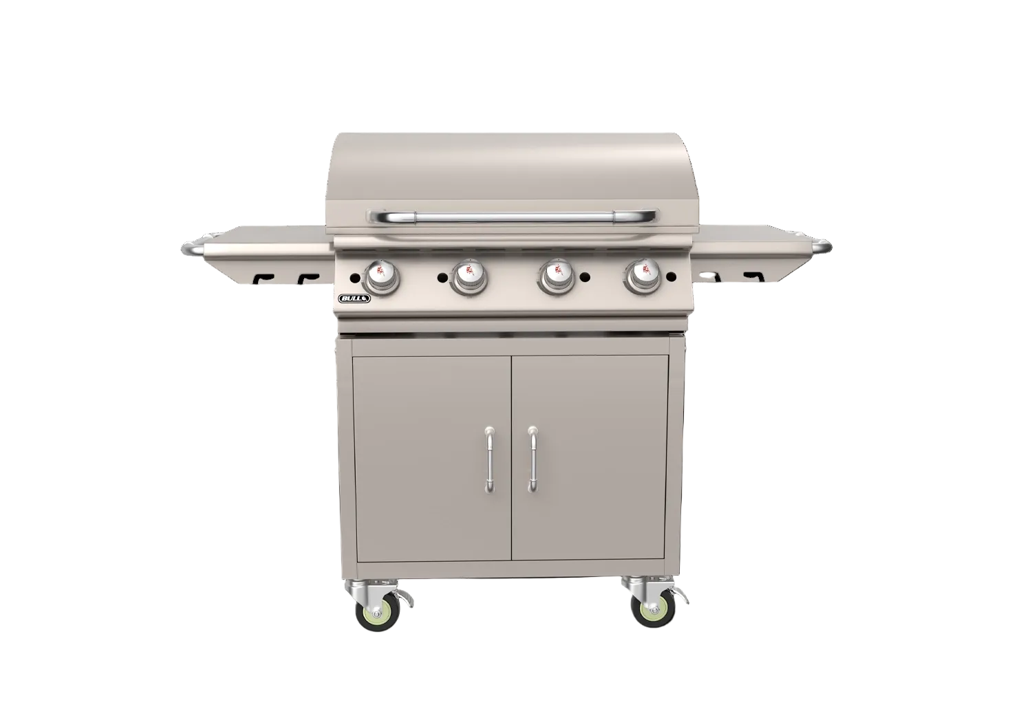 Bull 30-inch 4-burner freestanding propane griddle with stainless steel cart and closed hood