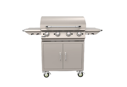 Bull 30-inch 4-burner freestanding propane griddle with stainless steel cart and closed hood