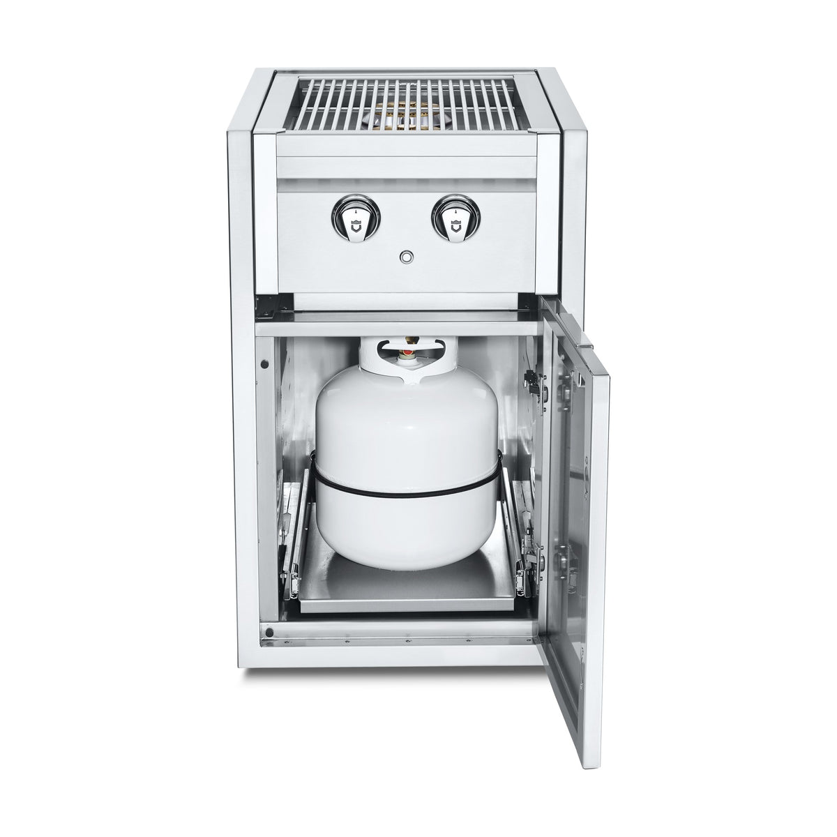 Crown Verity built-in side burner cabinet with propane tank holder, door open