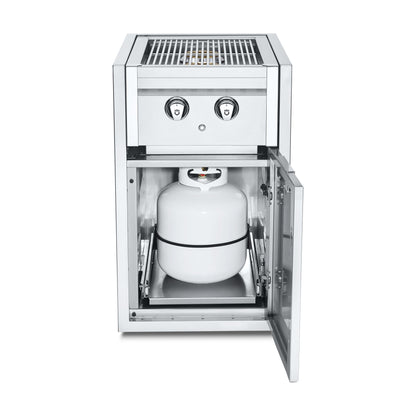 Crown Verity built-in side burner cabinet with propane tank holder, door open